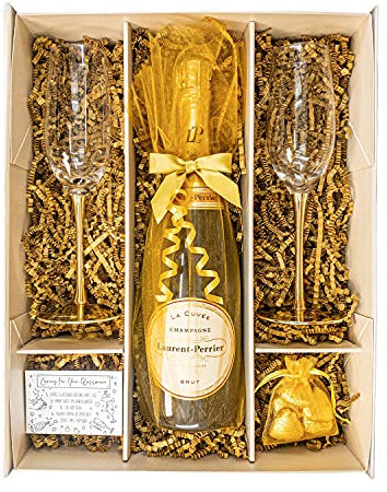Laurent Perrier Champagne 75cl Gold Champagne Gift Set Hamper With 2 Champagne Flutes, Belgian Chocolates and Gift Box - Champagne Hamper for Couples, Birthday, Him and Her (Metallic Gold Stems)