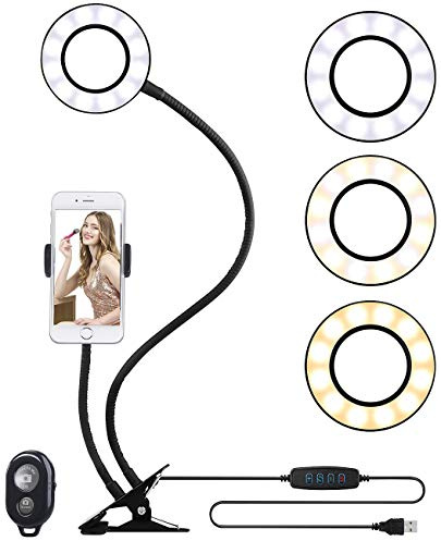 Somikon Foto Licht: USB-Ringlicht mit Smartphone-Halter & Fernauslöser, Ø 3,5 / 9 cm (LED Ringlicht, Handystativ mit Ringlicht, Tablet Halterung)