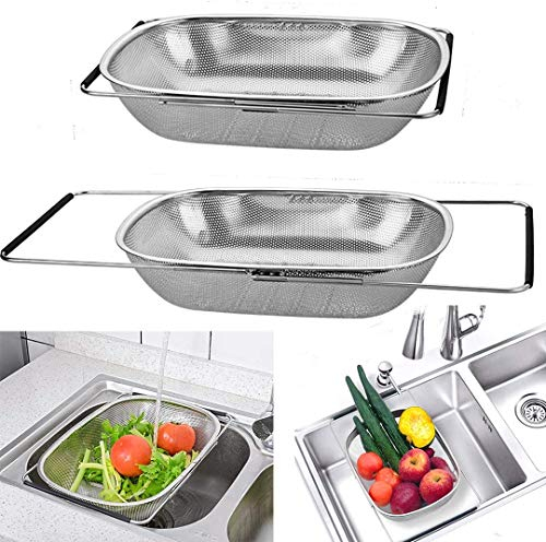 D L D Passoire ovale en acier inoxydable de qualité supérieure avec panier à mailles fines et poignées extensibles en caoutchouc pour égoutter, égoutter, rincer les fruits, les légumes