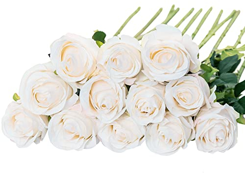 Floralsecret 12 pezzi, bouquet di rose artificiali in seta, fiori finti per decorazioni nuziali di casa, colore bianco