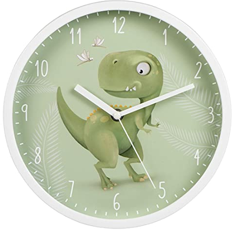 Hama Kinder Wanduhr Happy Dino ohne Ticken (runde Kinderuhr mit Dinosaurier Motiv, batteriebetriebene Quarz Wanduhr mit Sekundenzeiger, Kinderzimmer, ideal als Lernuhr, Durchmesser 25 cm) grün