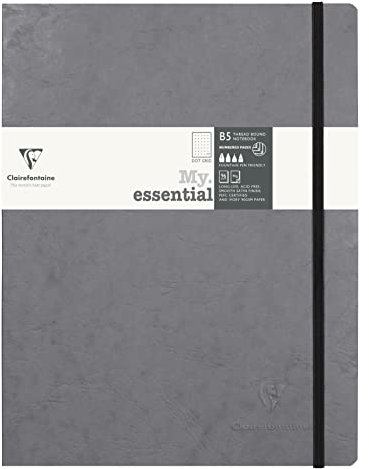 Clairefontaine 794435C - Notizbuch My.Essential Age Bag, Format B5 (19x25 cm), mit Fadenbindung, 96 Blatt nummeriert, dot/punktkariert, Papier elfenbein 90g, Hellgrau, 1 Stück