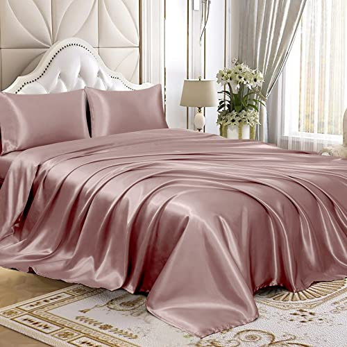 Homiest 4pcs Satin Sheets Set Luxury Silky Satin Bedding Set with Deep Pocket, 1 Fitted Sheet + 1 Flat Sheet + 2 Pillowcases (King Size, Rose Gold)