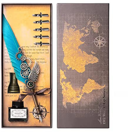AOMAYLL Vintage Kalligraphie-Set mit glänzender Gänsefeder für Kalligraphie | Handgefertigter Messingschaft ,5 Federn unterschiedlicher Breiten,15ml Tinte,edle Geschenkbox,passend für Briefe & Geschenk