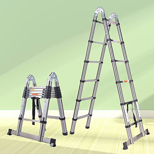 12.5FT Telescopic Extendable A-Frame Ladder - Stainless Steel, Foldable, 330lb Capacity, Adjustable Height, Safety Lock, EN131 Safe Standard