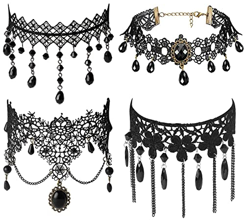 JewelryWe Schmuck 4 PCS Choker Halsband Halskette Set Schwarz Samt Stretch Vintage Gothic Quasten Tattoo Spitze Collar Choker Halsketten Ketten für Halloween Party Cosplay Damen Mädchen Geschenk