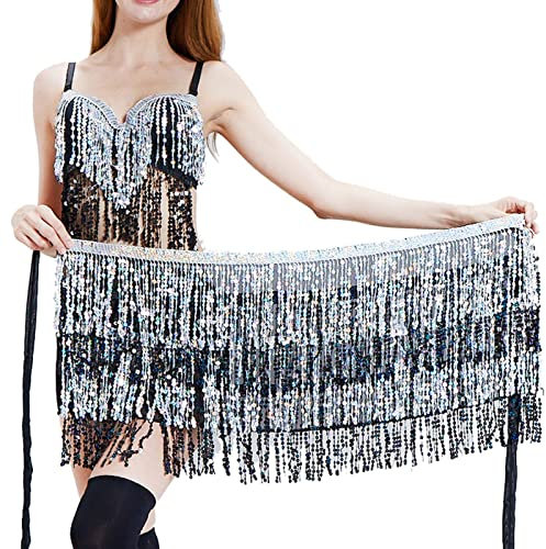 VPbao Damen Bauchtanzgürtel Bunte Taillenkette Bauchtanz Pailletten Hüftschal Rock Indisches Kostüm Tanz Bohemian Lace Up, silber, schwarz, One size