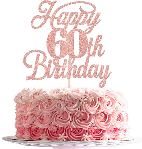 Xsstarmi 1 Pack Happy 60th Birthday Cake Topper Glitter Cheers to 60 Years Old Birthday Cake Pick for Celebrating 60th Birthday Anniversary Party Cake Decorations Supplies Rose Gold