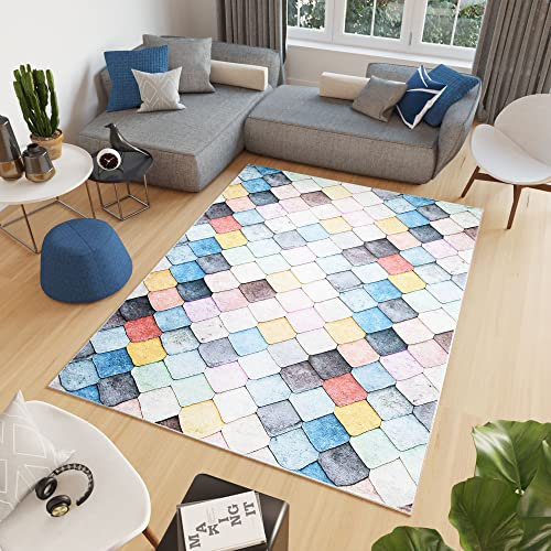 TAPISO Toscana Teppich Bedruckter Teppich Bunt Pastellfarben Geometrisch Quadrate Waschbar rutschfest Wohnzimmer Schlafzimmer Büro Modern Design 80 x 150 cm