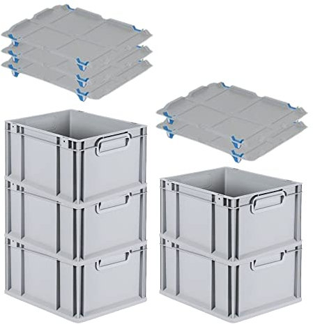 PROREGAL SparSet 5x Eurobox NextGen Grip mit Auflagedeckel & 4 blauen Schiebeschnappverschlüssen, HxBxT 22x30x40cm, 20 L, Grau, Griffe geschlossen, Eurobehälter, Transportbox