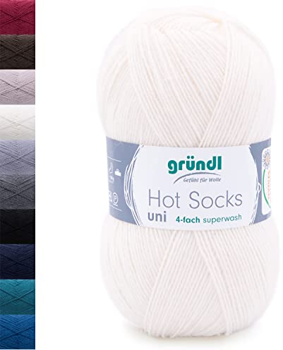 Sockenwolle 4fädig uni 100g Gründl Hot Socks 4-fädig weiß einfarbig | 75% Wolle, 25% Polyamid | Strumpfwolle Sockengarn (4ply, 4fach) Wolle für Socken stricken (86 - weiß)