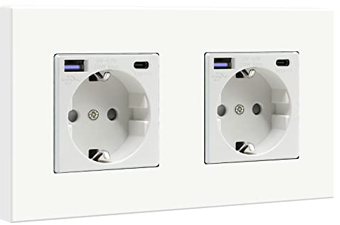 BSEED Enchufe de pared con 1 USB y 1 Tipo C,Blanco 16Amp Schuko Enchufe Doble on Panel de Plastico,toma de corriente con cargadores USB-Max.2.1A,20W Cargador USB C adecuado para Smartphone MP3 Tablet