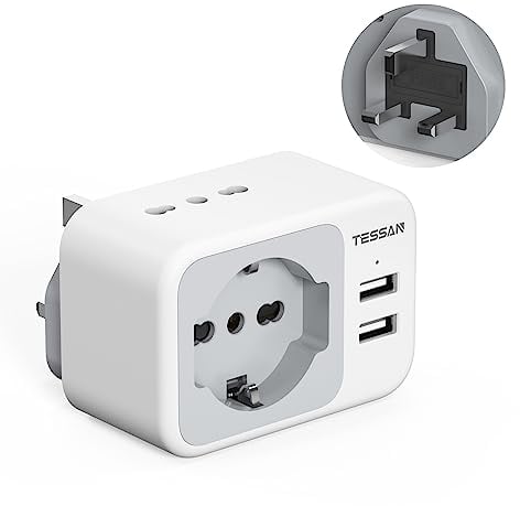 TESSAN Adattatore Presa Inglese con USB C e USB A, 5 in 1 Adattatori Prese Inglesi, Adattatore UK 3250 W, Spina Inglese per Regno Unito, Irlanda, Scozia, Singapore, Tipo G