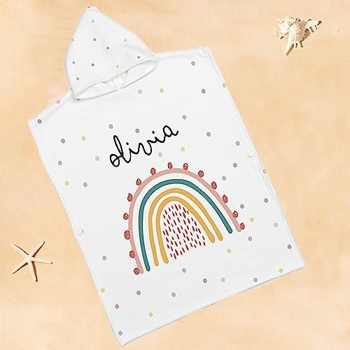 Wanapix | Toalla Infantil Personalizada con Nombre| Poncho Infantil Niño/Niña | Toalla Infantil con Capucha | Toalla de Baño | Poncho Surf | S (92 a 110 cm) | Rainbow