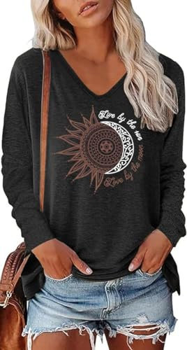 Teesho Damen Tshirt Langarm V Ausschnitt Oberteile Basic Shirts Casual Longshirt Drucken Pullover Herbst Tops Tunika(Schwarz/XXL