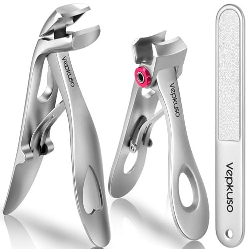 Vepkuso Nail Clippers for Seniors, Wide Jaw Fingernail Clippers and Angled Head Toenail Clippers for Thick Nail, Stainless Steel Professional Nail Cutter with File for Men, Women&Pregnant，Sliver