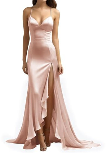 Abito da donna in raso a sirena, abito da damigella d'onore lungo con spacco increspato abito da sera formale, Rosa cipria, 40
