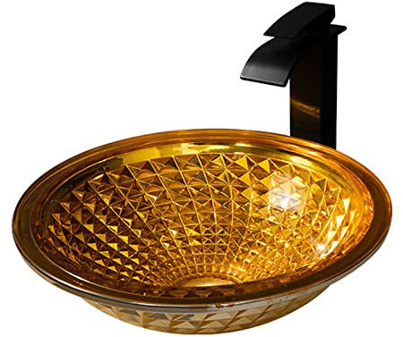 Aufsatz-Waschbecken, rundes Badezimmer-Waschbecken mit schwarzem Wasserhahn und Pop-Up-Ablauf, Aufsatzwaschbecken mit Zubehör, Gold