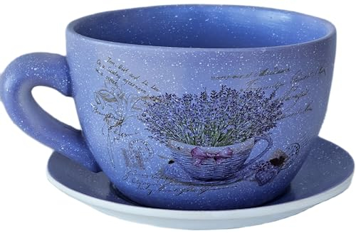 hadaaya 9” Purple Stone Wash Ceramic Teacup Planter Pot with Drainage Hole & Saucer for Succulent Orchid Herbs Cactus Indoor Plants