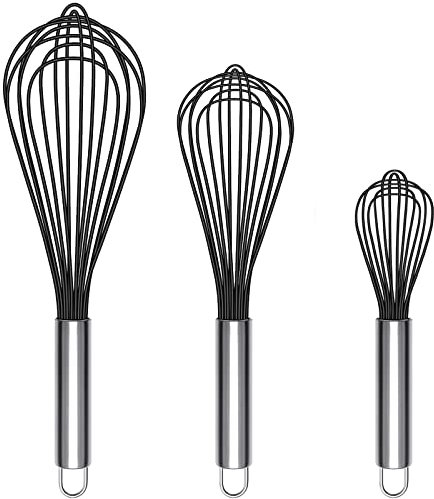 TEEVEA Silicone Whisk,Non Stick Kitchen Whisks for Cooking,Stainless Steel Metal Wire Silicone Rubber Coated Wisk,Heat Resistant & Non Scratch,Perfect for Eggs,Bread Wisking Tool Set of 3,Black