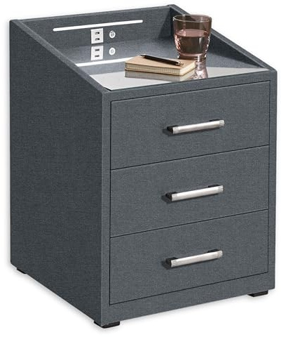 Stella Trading Moon Nachttisch Stoffbezug mit LED-Beleuchtung & USB-Anschlüsse 3 Schubladen 47x61x46 cm