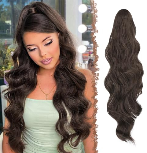 FESHFEN Pferdeschwanz Haarteil Haarverlängerung mit Kordelzug 60cm Pferdeschwanz Verlängerung Synthetik Wellig Locken Haarteil Ponytail Extension für Frauen, Mittleres Kastanienbraun