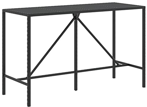 Table de Bar, Table de bistrot, Table Haute de Bar, Table à Manger, Table d'extérieur, Table de Jardin, Table à Dîner de Jardin, et Dessus en Verre Noir 180x70x110 cm Poly rotin