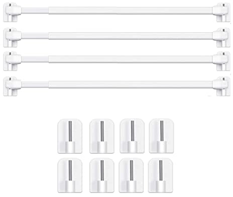 BANJILI - 4 Pack Extendable Net Curtain Rods (40-70cm) with 8 Sticky Hooks - No Drill Tension Rod for Windows, Bathroom, Rental Homes Strong Adhesive, White Lightweight Poles