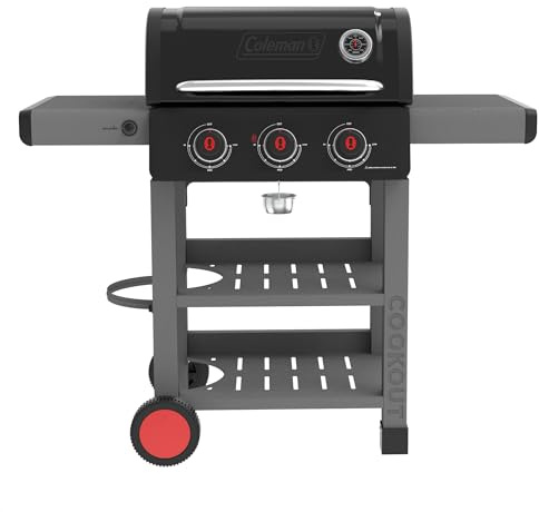 Coleman Cookout 3-Burner Gas Grill, 36,000 BTU Propane Grill with 535-Sq. In. Total Cooking Surface, Instastart Ignition, and 2-Wheel Cart, Perfect for Burgers and Other Meats, Black/Gray