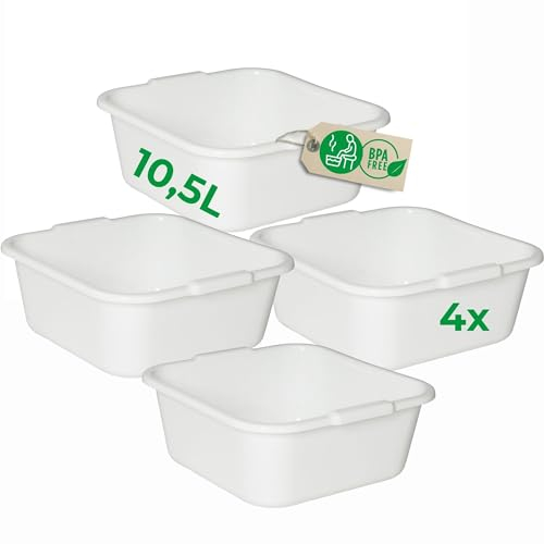 Novaliv 4x Spülschüssel eckig 10,5L, 34x34 cm, Weiß, BPA-frei Spülmaschinenfest Ideal für Küche und Camping, Wanne, Große Plastikschüssel, Waschschüssel eckig, Waschwanne, Abwaschschüssel