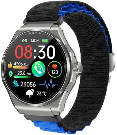Knauermann PRO 3 (2024) Silber - Gesundheitsuhr Smartwatch mit Telefoniefunktion - EKG + HRV und SOS Funktion - AMOLED Display- BT Bluetooth - Schlafapnoe - Textilband Schwarz/Blau, 14-24, rund