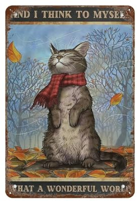 Retro Metall Blechschild Herbst Blätter und Katze What A Wonderful World Poster Herbstblätter Wandkunst,Home Bar Pub Shop Dekorationen Esszimmer Küche Kaffee Vintage Schild Geschenk,30 x 40 cm-639