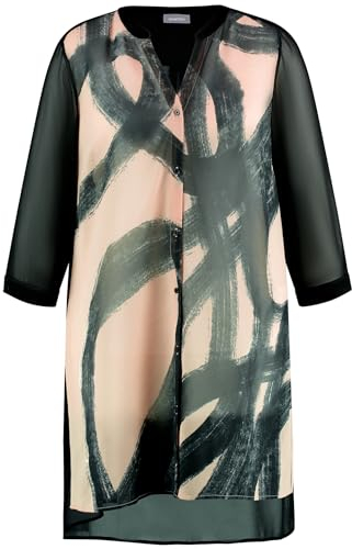 Samoon Damen Transparente Longbluse mit 3/4 Arm 3/4 Arm, geschlitzte Ärmel Gemustert Black Gemustert 50