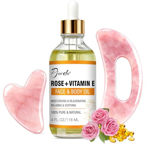 Pjordo Vitamin E Rose Oil with Gua Sha Massage Tools for Face & Body, Organic Vitamin E Oil for Moisturizing and Hydrating, Relieving Muscle Fatigue & Improving Skin Elasticity, Women Christmas Gifts