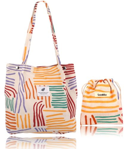 2PCS Groß Umhängetasche, Bunt Gestreift Einkauftasche, Tote Bag Fabric Bags Printed Jute Bag Printed School Corduroy Bag Women's Tote Bag Cord Bag Women's Shopper Shoulder Bag Corduroy Fabric Bag