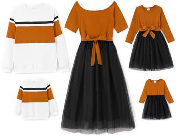 PATPAT Familien Outfit Set Langarm - Partnerlook Mutter Tochter Kleid Langarm T-Shirt & Mutter Kind Kleider Mama Tochter Kleidung für Herbst & Frühling, Braun, Herren: M