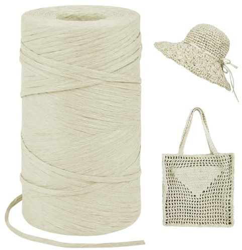 LEREATI Raffia Garn zum Häkeln, Bastband Natur 3mm x 300m Papiergarn Geschenkbänder, Bändchengarn zum Häkeln, Papierdraht zum Häkeltaschen, Körbe, Hüte, Geschenkverpackung (Milchig Weiß)