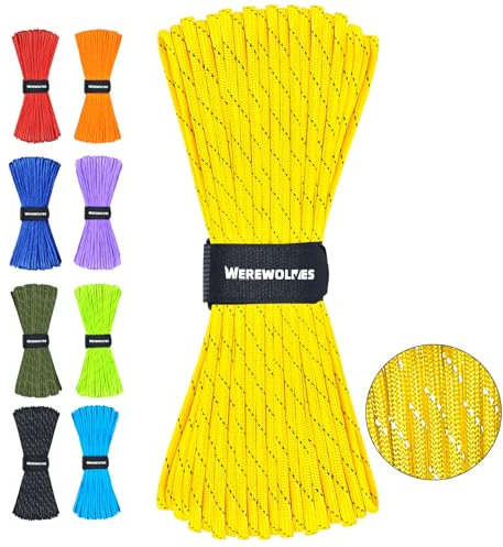 WEREWOLVES Corda Paracord riflettente a 7 fili, tipo III, corda per paracadute, 4 mm, 30,5 m/61 m, per tenda, campeggio, escursionismo, pesca, sopravvivenza, tattica, progetti fai da te (giallo, 30,5