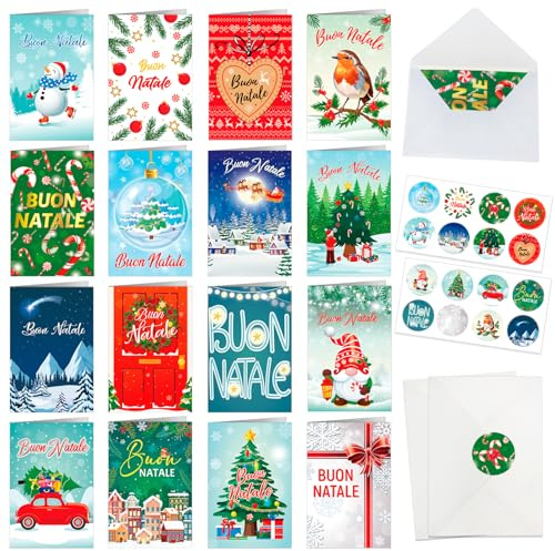 DPKOW 16-teilige italienische Weihnachtskarten mit Klebeumschlag, Weihnachtsbaum mit Schneemann, buntes Weihnachtskartenset