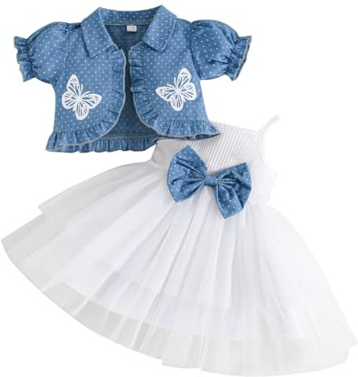 Yanmucy Toddler Baby Girls Dress With Puffy Sleeves Denim Blue Jacket Set 2PCS Little Girls Sleeveless Tulle Tutu Dress Short Sleeve Polka Dot Ruffle Coat Top Outfits
