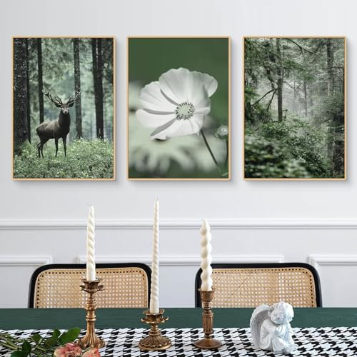 3er Poster Set Grün, Natur Frühling Nordic Moderne Premium Leinwand Bild Poster & Kunstdrucke, Frisches Grün Wald Pflanze Elch Blume Ohne Rahmen Aesthetic Wandbilder (#01, 30x40 cm, Ungerahmt)