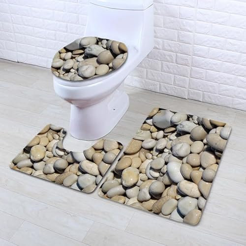 Tapis WC Galets Gris Beige Tapis de Bain 3 Pièces Microfibre Tapis Toilette Tapis WC Contour Antidérapant Lavable Tapis de Bain Absorbant Tapis Salle de Bain 50x80 cm