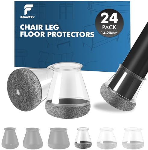 shinfly 24 Pièces Protection Pied de Chaise, Patins pour Chaises en Silicone avec Feutre Haute Densité, Protege Pied de Chaise et Sol, Anti-Rayure et Silencieux sur Bois (S 12-20mm, Transparent)