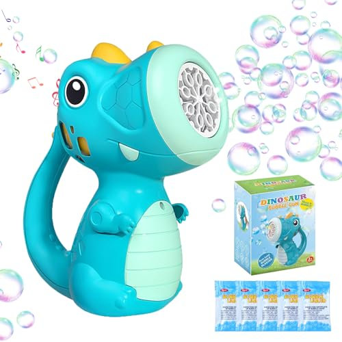 Seifenblasenmaschine Kinder – Dinosaurier Bubble Gun Spielzeug, Elektrische Seifenblasenmaschine mit Licht & 5000+ Blasen/Min, inklusive 5 Beutel Seifenblasenlösung für Kindergeburtstag, Party