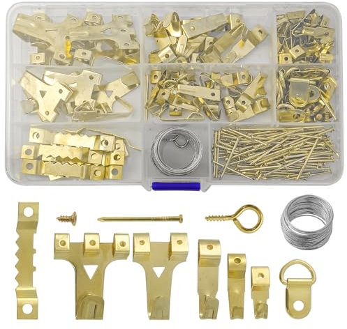 Hevysuo 220 Pezzi Kit per appendere quadri,Ganci per Immagini in Metallo per Quadri con Anelli a D,Gancio a Dente di Sega e Viti per Fissaggio Cornici Specchi Opere D'Arte,Oro