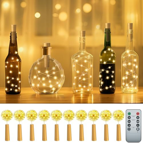 PChero Bottle Lights with Cork, 10 Pack 2M 20 LED Battery Operated with Timer Cork Lights for Wine Bottles with Remote Control for DIY Wedding Garden Table Bedroom Halloween Christmas Decoration