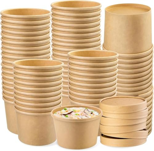 VIVAAS 100 X 8oz Disposable Soup Containers with Lids Paper Bowl Brown Kraft Takeaway Paper Soup Cups Takeaway Tubs for Hot or Cold Food Ice Cream, Dessert, Sundae, Frozen Yogurt, Deli Containers