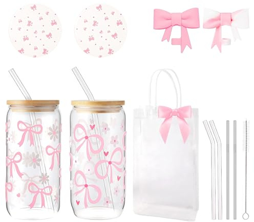 AuraFusion Aesthetic Glass Cups – Set of 2, 16 oz Glass Tumblers with Butterfly Bow and Floral Pattern, Pink Ladies' Gift Set including Lids and Straw