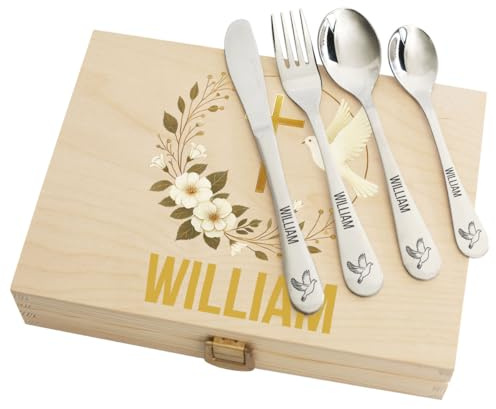 Couverts Bébé Personnalisés Baptême avec Coffret – Set 4 Pièces en Inox Gravé Prénom – Motif Colombe – Cadeau Naissance Baptême Fille Garçon