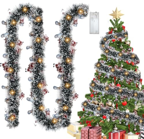 Lametta Girlande Weihnachten 500CM, Weihnachten Tannenbaum Deko, LED Weihnachts Deko Lametta Girlande, Warmes Licht Weihnachtsbaumschmuck Weihnachtsgirlande, Lamettergirlande Dekoration (A)